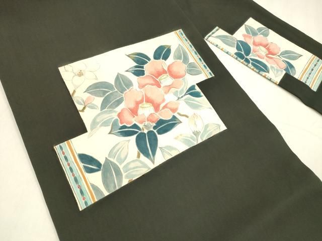 平和屋着物 塩瀬 九寸名古屋帯 手描き 枝花文 黒地 正絹 cm
