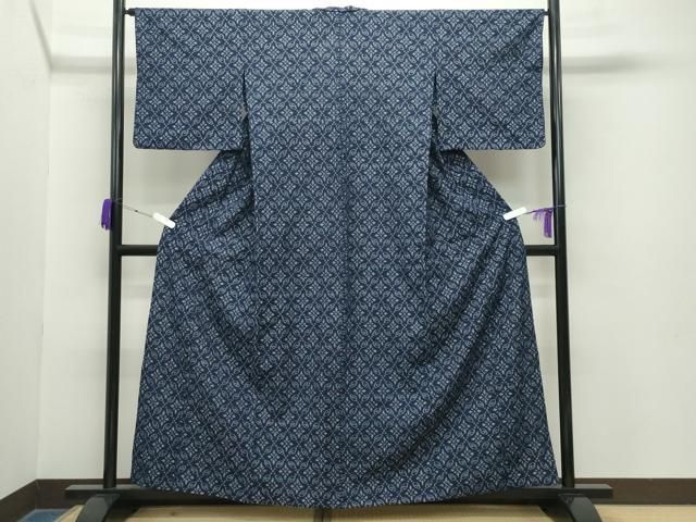 平和屋着物 久留米絣 単衣 木綿の花 七宝文 反端付き 綿 gh