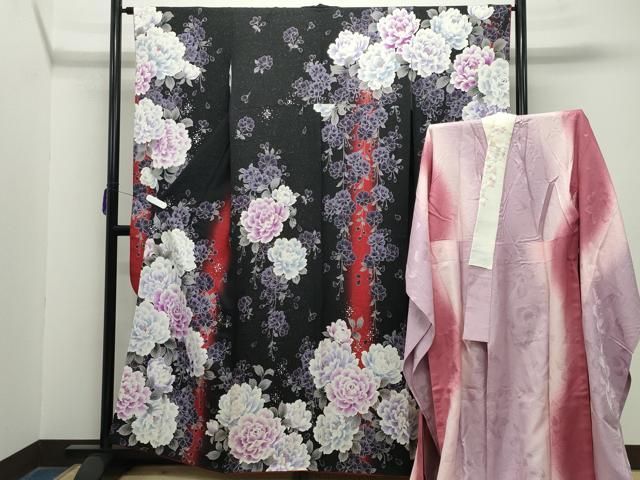 平和屋着物 豪華振袖 長襦袢セット 牡丹舞桜文 暈し染め 黒地 銀通し地 やまと誂製 半衿刺繍 正絹 gh