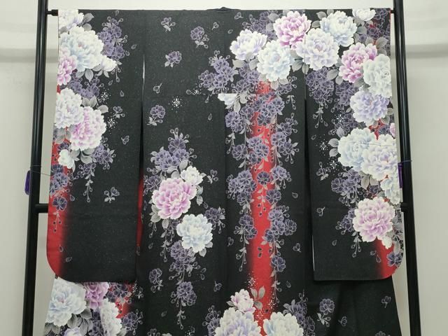 平和屋着物 豪華振袖 長襦袢セット 牡丹舞桜文 暈し染め 黒地 銀通し地 やまと誂製 半衿刺繍 正絹 gh