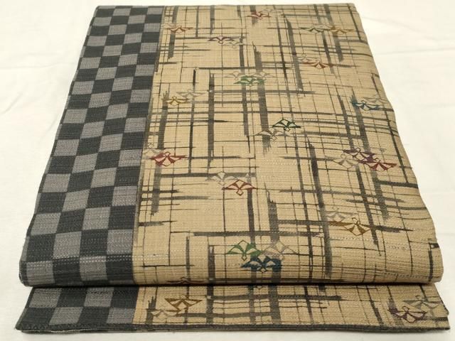 平和屋着物 全通柄袋帯 紬地 型染め 吉祥文 正絹 dy