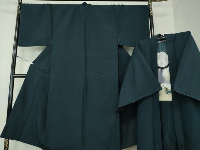 平和屋着物 男性 紬 アンサンブル 長羽織 色無地 濃紺地 正絹 ps