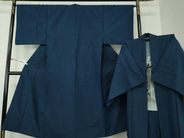 平和屋着物 男性 紬 アンサンブル 色無地 紺地 正絹 ps