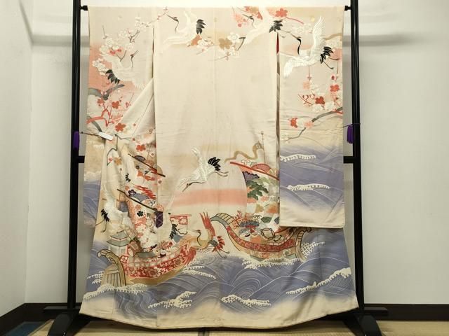 平和屋着物 アンティーク 大正ロマン 中国三大刺繍 相良刺繍 駒刺繍 振袖 宝船飛鶴梅文 暈し染め 金銀彩 正絹 gh