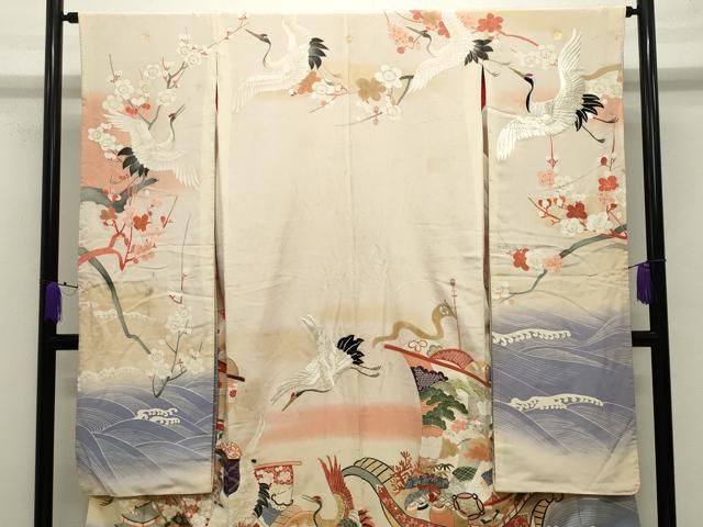 平和屋着物 アンティーク 大正ロマン 中国三大刺繍 相良刺繍 駒刺繍 振袖 宝船飛鶴梅文 暈し染め 金銀彩 正絹 gh