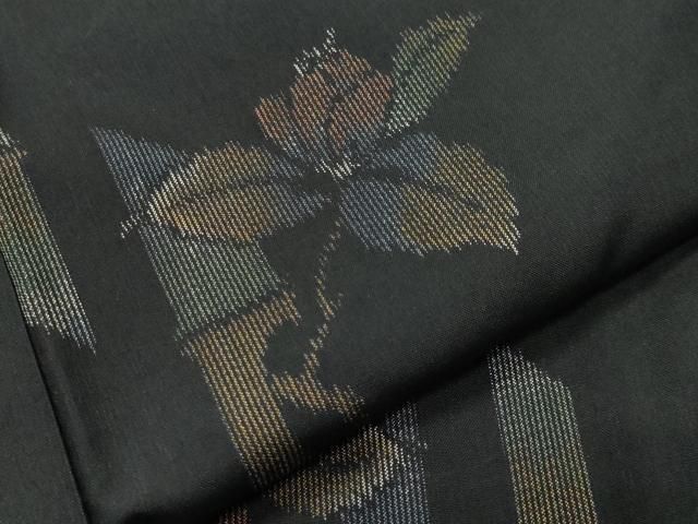  平和屋着物 上質な紬 枝花文 黒地 正絹 gh 紬 着物