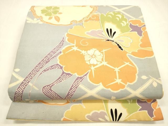 平和屋着物 アンティーク 大正ロマン 全通柄 京袋帯 引き抜き帯 駒刺繍 雪輪花蝶文 正絹 cm