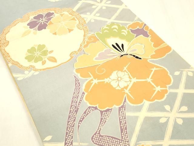平和屋着物 アンティーク 大正ロマン 全通柄 京袋帯 引き抜き帯 駒刺繍 雪輪花蝶文 正絹 cm