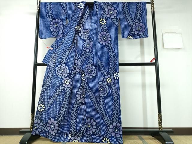 平和屋着物∴夏物 浴衣 有松鳴海絞り 舞葉花文 綿 ng