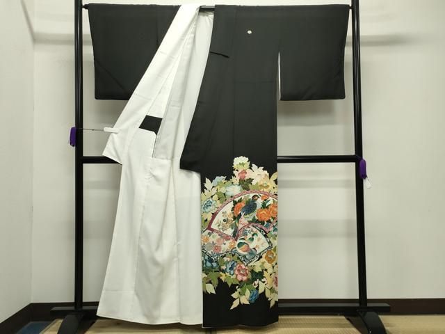 平和屋着物 豪華黒留袖 友禅 作家物 地紙重ね尾長鳥花文 正絹 gh