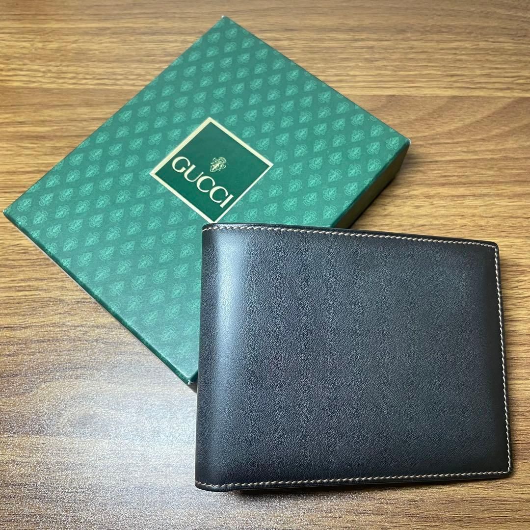 美品】GUCCI グッチ メンズ 二つ折り財布 レザー BOX付 黒 本革 公式