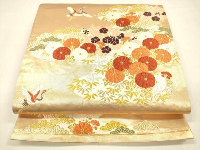 平和屋着物○西陣 河合美術織物謹製 六通柄袋帯 唐織 飛鶴笹竹草花文