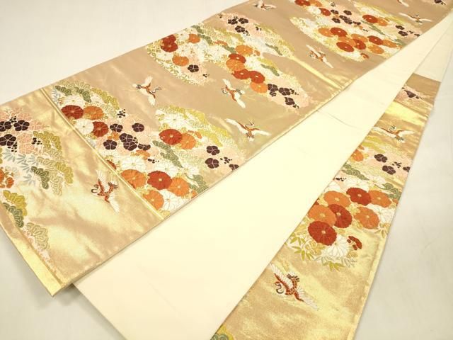 西陣名門·河合美術織物 正絹(一部金糸)六通柄 唐織 花唐草 袋帯 美品 京都西陣織：老舗 河合美術織物謹製」 唐織 八つ藤の丸文 正絹 袋帯