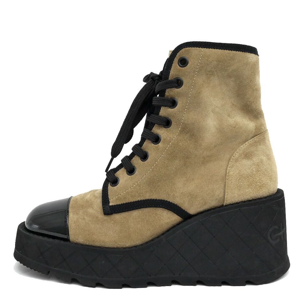 名東 シャネル レースアップブーツ G 45891 B 17863 NZN 18 ロゴ スエード パテントレザー ベージュ ブラック 24 K サイズ36 レディース 靴