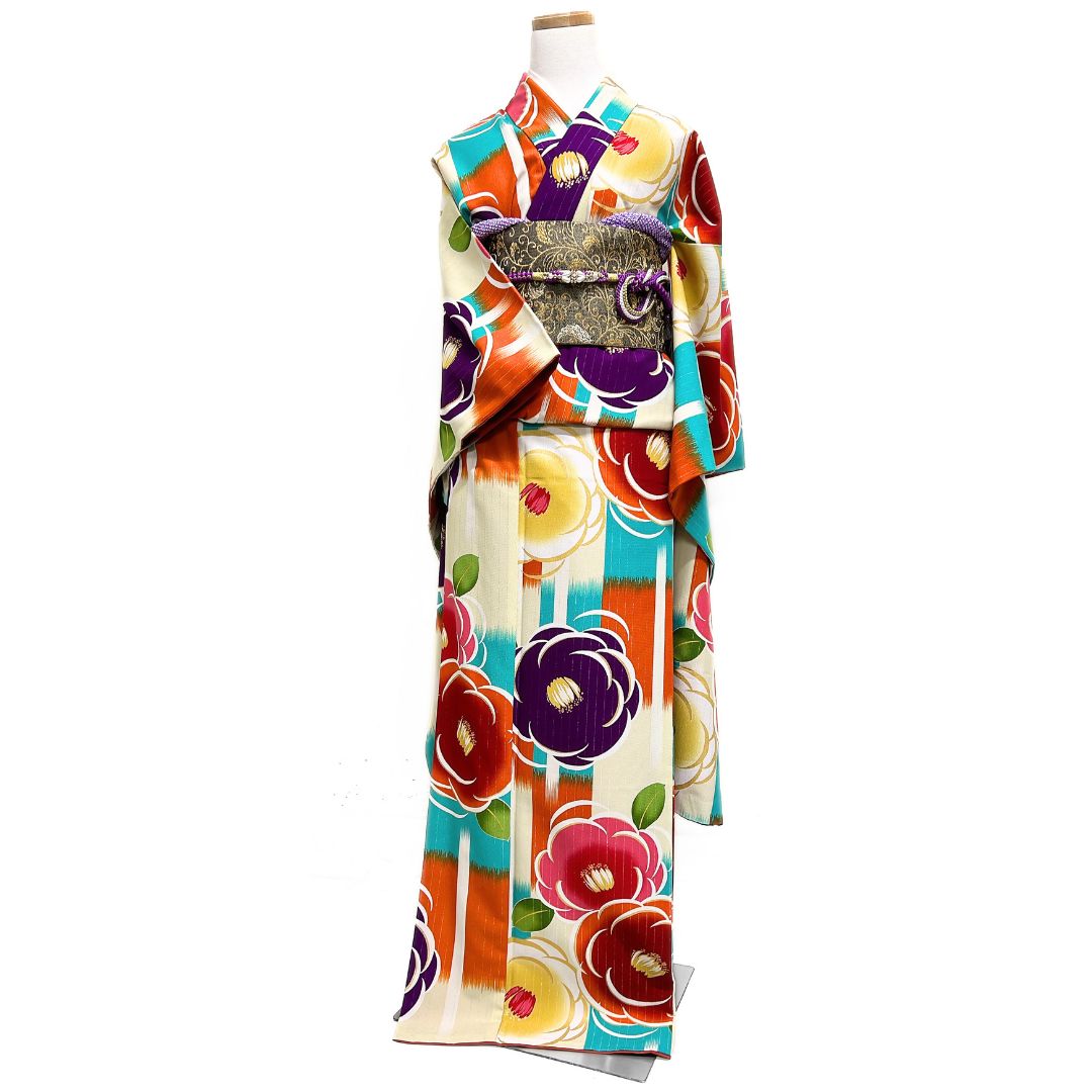 振袖 洗える着物 椿 縦縞 変わり市松 着物 123 b d ms