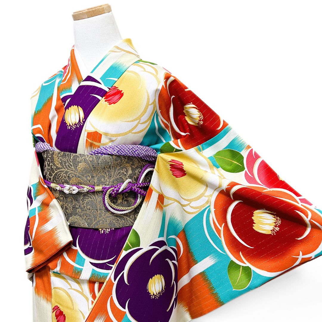 振袖 洗える着物 椿 縦縞 変わり市松 着物 123 b d ms