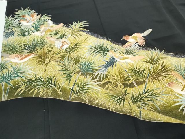 平和屋着物▽豪華黒留袖 刺繍 雀 草葉文 金彩 正絹 逸品 CABA8554th