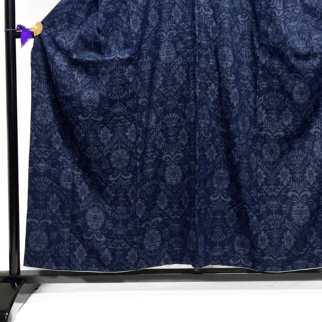 小紋 本場結城紬 藍染 100亀甲 花模様 幾何学 着物 123b d ms - メルカリ