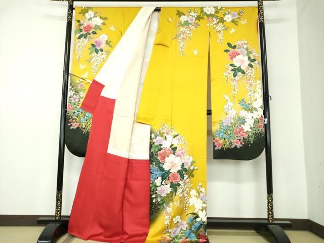 平和屋着物 豪華振袖 駒刺繍 舞蝶花文 暈し染め 金彩 正絹 ps