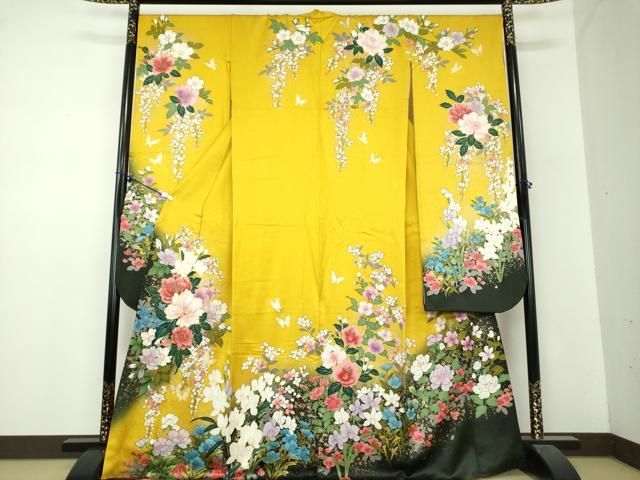 平和屋着物 豪華振袖 駒刺繍 舞蝶花文 暈し染め 金彩 正絹 ps
