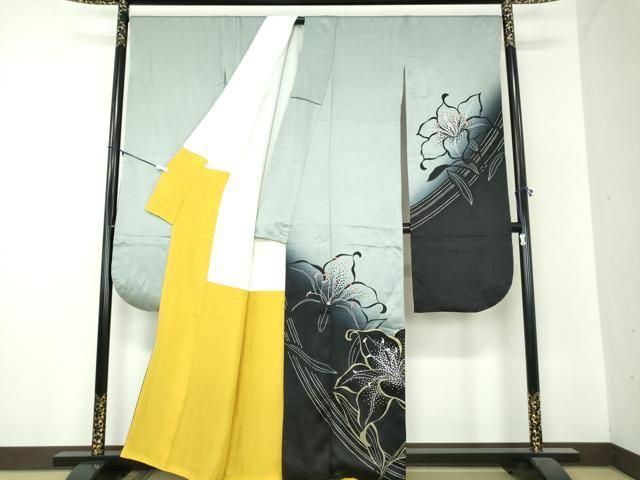 平和屋着物 豪華振袖 百合 暈し染め 銀彩 銀通し地 正絹 ps