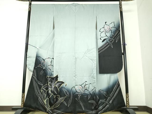 平和屋着物 豪華振袖 百合 暈し染め 銀彩 銀通し地 正絹 ps