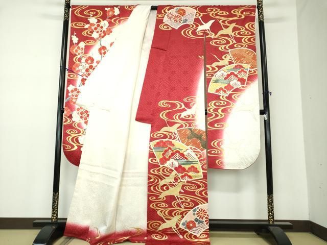 平和屋着物 豪華振袖 駒刺繍 地紙飛鶴花文 暈し染め 金彩 正絹 ps