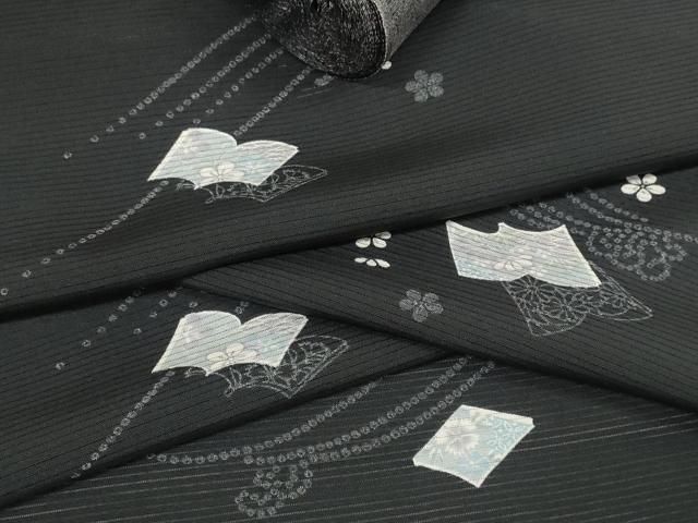 平和屋着物 夏物 小紋 反物 着尺 絽 冊子花文 黒地 zzz