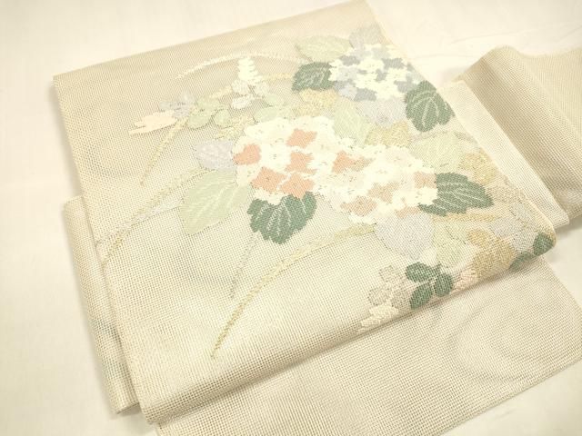 平和屋着物 夏物 つけ帯 紫陽花草葉文 金銀糸 正絹 cm