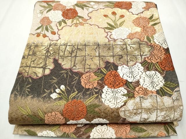 平和屋着物 西陣の名門 加納幸謹製 両面 六通柄袋帯 唐織 雲重ね草花文 金糸 正絹 hy