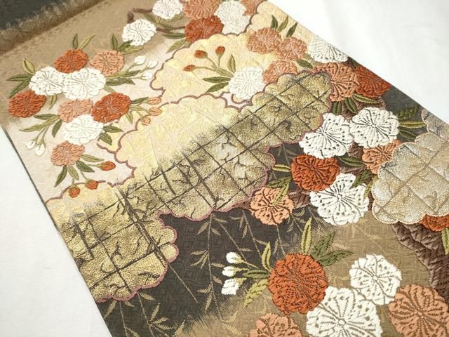 平和屋着物●西陣の名門　加納幸謹製　両面　六通柄袋帯　唐織　雲重ね草花文　金糸　正絹　逸品　CABB0799hy 平和屋着物○西陣の名門 加納幸謹製 両面 六通柄袋帯 唐織 雲重ね草花