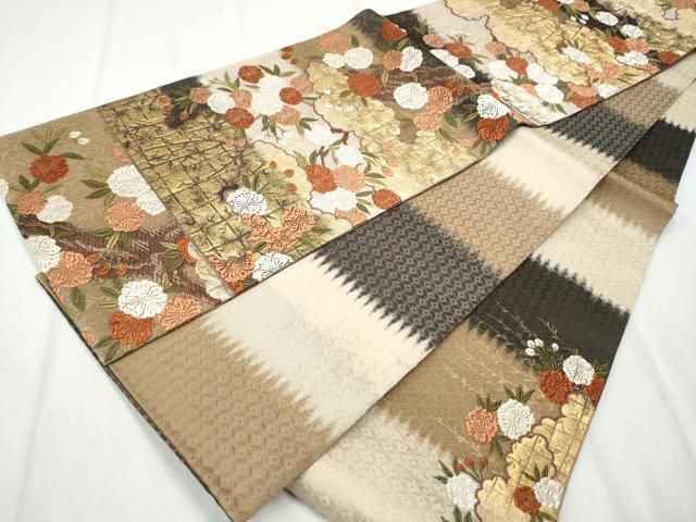 平和屋着物 西陣の名門 加納幸謹製 両面 六通柄袋帯 唐織 雲重ね草花文 金糸 正絹 hy