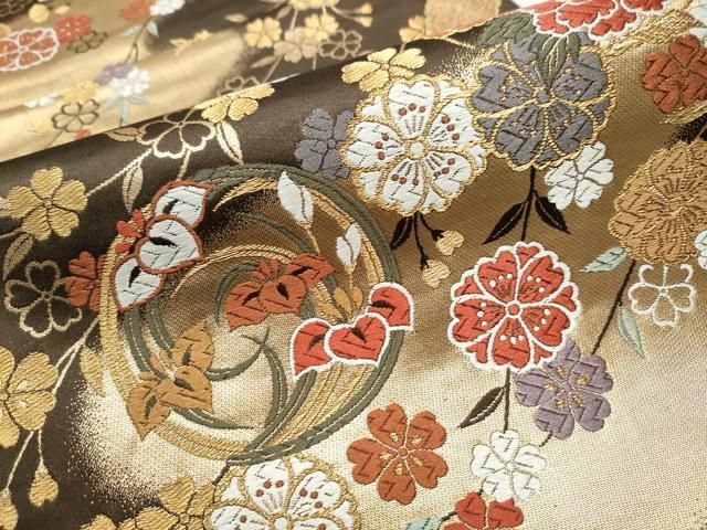  平和屋着物 六通柄袋帯 唐織 草花丸文 金糸 正絹 hy 袋帯 帯