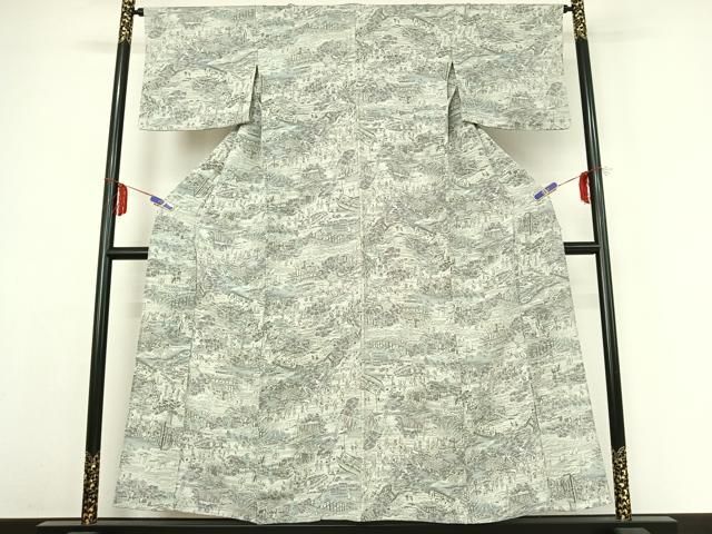 平和屋着物 上質な小紋 単衣 手描き 人物風景文 金彩 鬼しぼ縮緬 正絹 jh