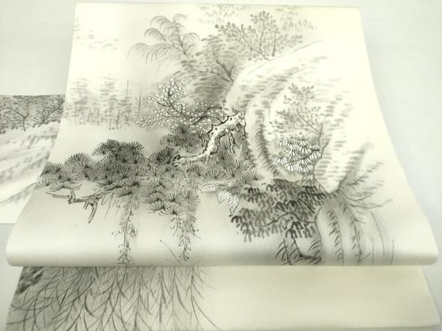 平和屋着物 九寸名古屋帯 手描き 風景花文 滝 正絹 ps