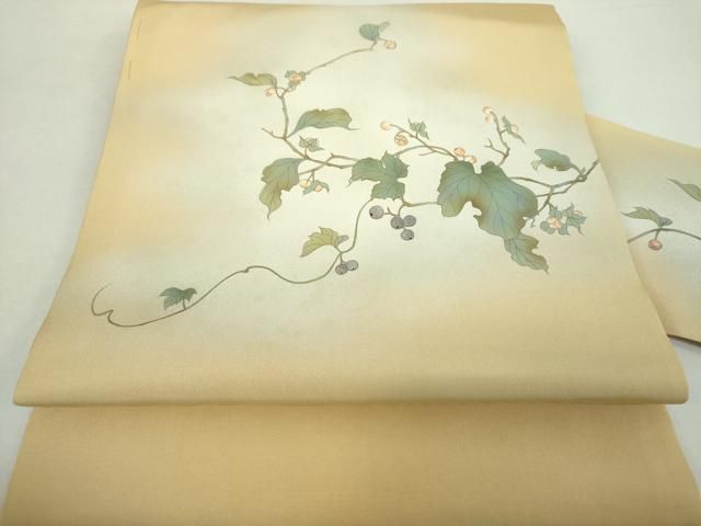 平和屋着物 塩瀬 九寸名古屋帯 手描き 葡萄蔦の葉文 金彩 正絹 ps