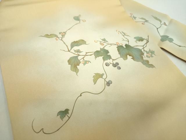 平和屋着物 塩瀬 九寸名古屋帯 手描き 葡萄蔦の葉文 金彩 正絹 ps