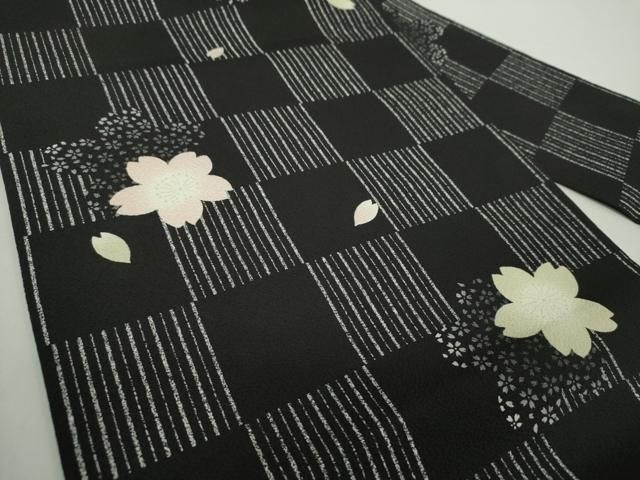 平和屋着物 九寸名古屋帯 舞桜 黒地 正絹 ps