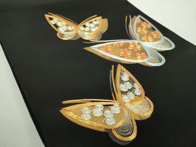 平和屋着物 九寸開き名古屋帯 駒刺繍 総刺繍 舞蝶文 黒地 金銀糸 ps