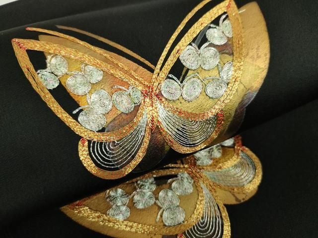  平和屋着物 九寸開き名古屋帯 駒刺繍 総刺繍 舞蝶文 黒地 金銀糸 ps 名古屋帯 帯