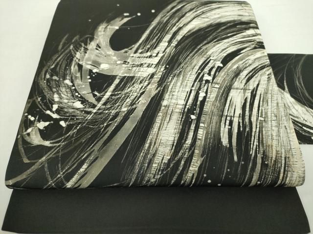 平和屋着物○塩瀬 九寸名古屋帯 作家物 ろうけつ染め 抽象文様 黒地