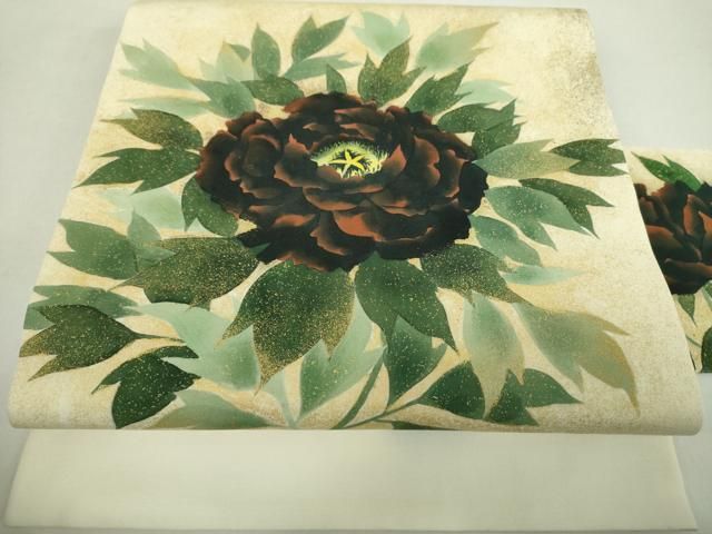 平和屋着物 塩瀬 九寸名古屋帯 手描き 牡丹文 金彩 正絹 ps