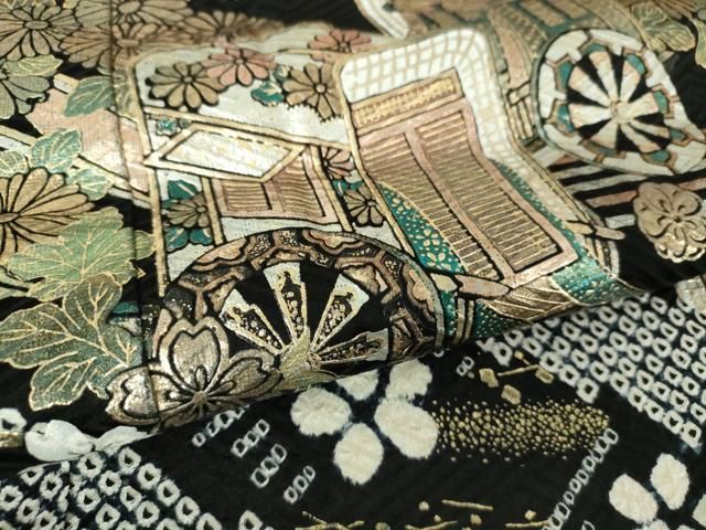  平和屋着物 豪華振袖 絞り 御所車 舞桜 黒地 金銀彩 正絹 ps 振袖 着物