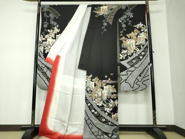 平和屋着物 豪華振袖 絞り 御所車 舞桜 黒地 金銀彩 正絹 ps