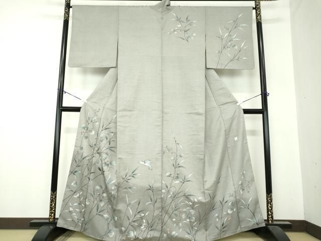 平和屋着物 訪問着 紬地 作家物 雀 南天文 正絹 ps