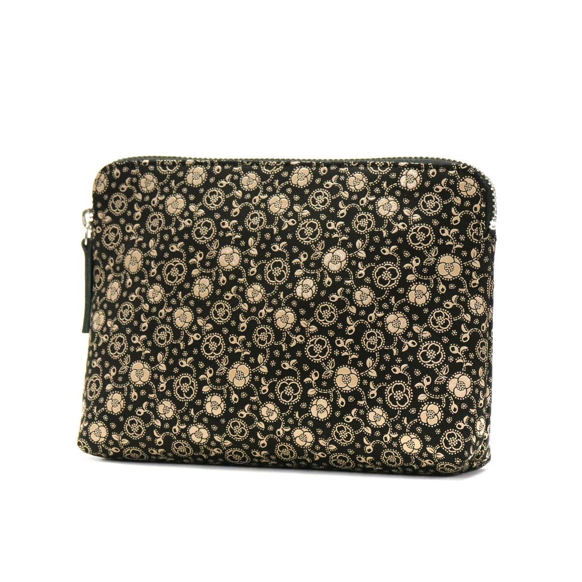 印傳屋 ポーチ 印伝 インデンヤ INDEN YA No 14 小物入れ ケース レディース メンズ 和小物 和柄 本革 漆 4414 椿 黒x白