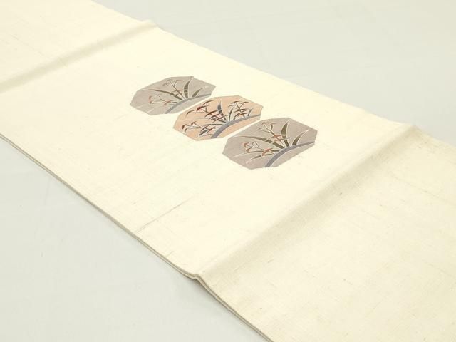 平和屋着物 九寸開き名古屋帯 スリーシーズン 春夏秋 型染め 生紬 草葉文 銀彩 正絹 ob