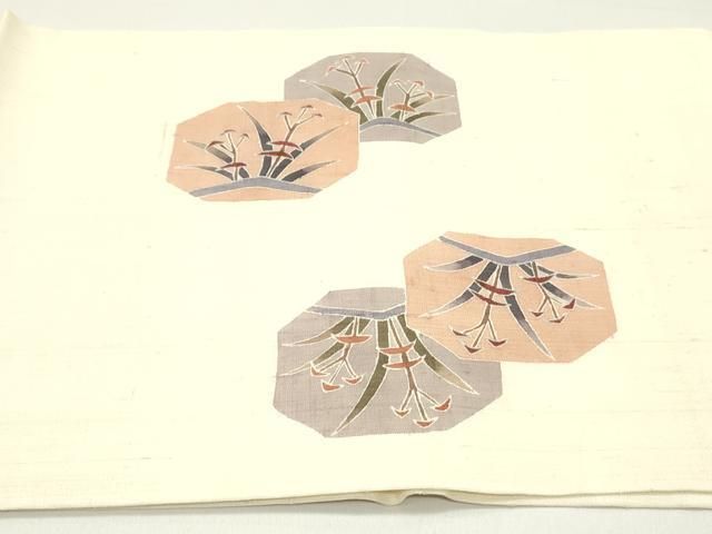  平和屋着物 九寸開き名古屋帯 スリーシーズン 春夏秋 型染め 生紬 草葉文 銀彩 正絹 ob 名古屋帯 帯