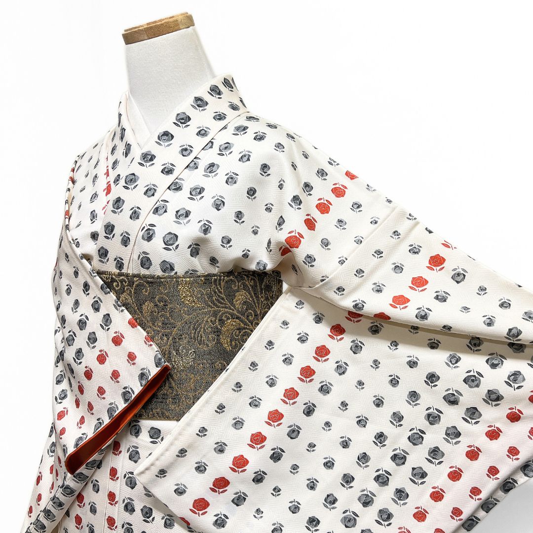 井関一男 小紋 作家もの 薔薇 銀彩 白地 紗綾形 着物 123 b d ms