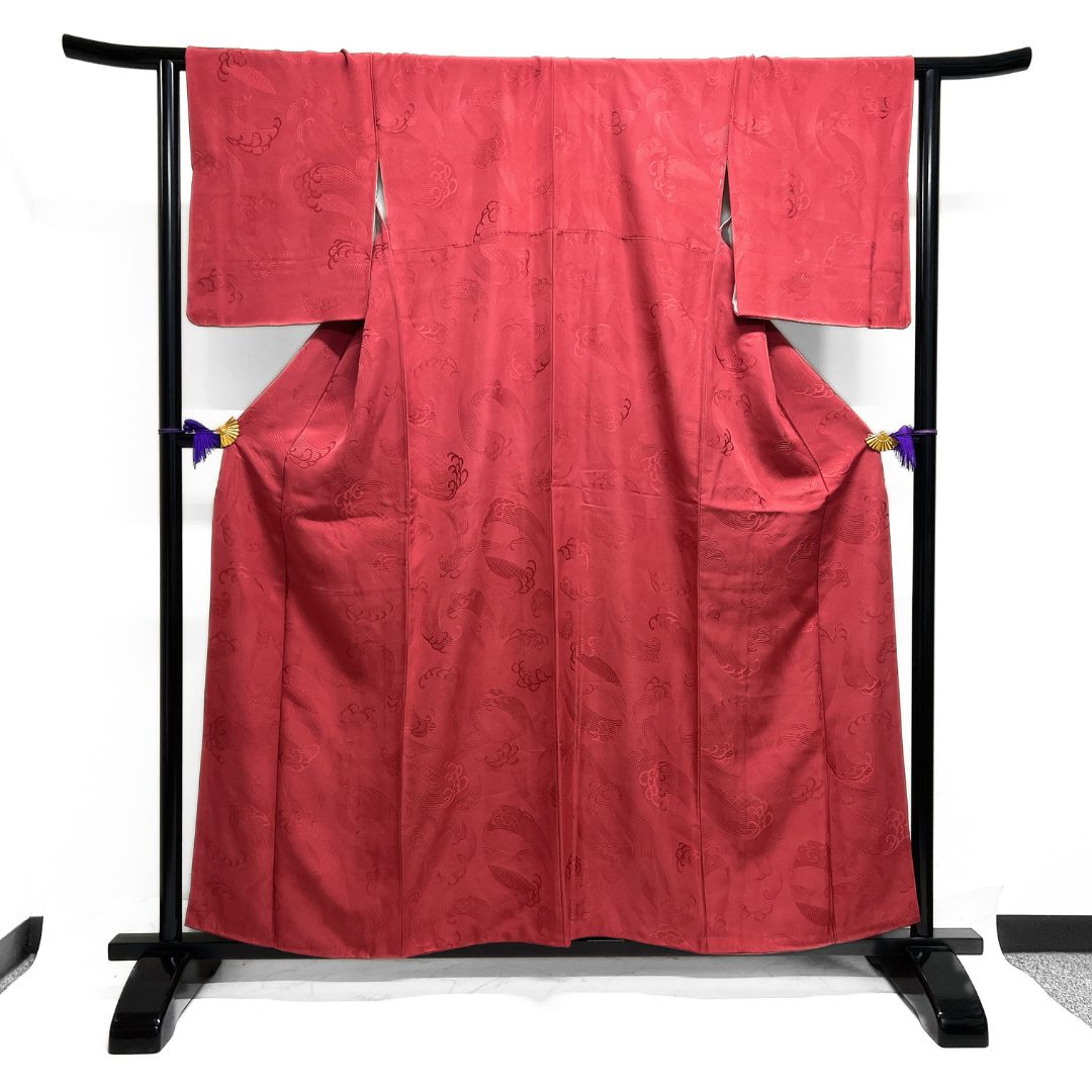 色無地 ワインレッド 波地紋 立涌 七宝 着物 123 b d ms